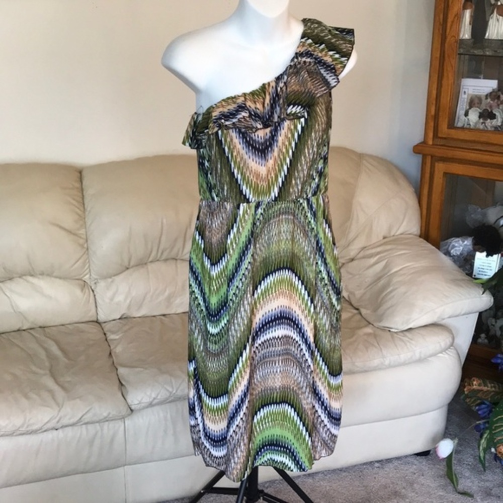 Vintage Green Brown one shoulder Dress Retro Loose Fit